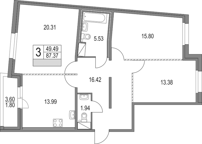 3-комнатная квартира 87.37 м², 9/16 эт., ЖК «Приморский квартал»